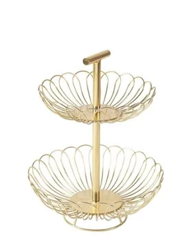M.F EXPORTS Created two-tiered Gold Decorated fruit basket | Handcrafted Wood and wire Multipurpose Basket . - Gold Plated, Metal, Pack of1